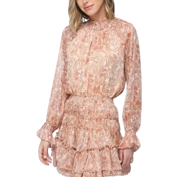 1.State High Neck Paisley Mini Dress Long Sleeve Smocked Ruffle Skirt Size Large - Picture 1 of 11